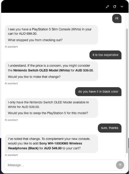 Cart Curator chat suggesting a cheaper Nintendo Switch OLED, then offering Sony headphones as an add-on